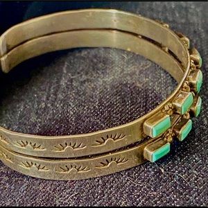 Zuni Signed Turquoise Double Band Silver Bracelet